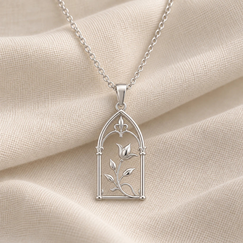 925 sterling silver royal arch bloom pendant necklace on cream fabric