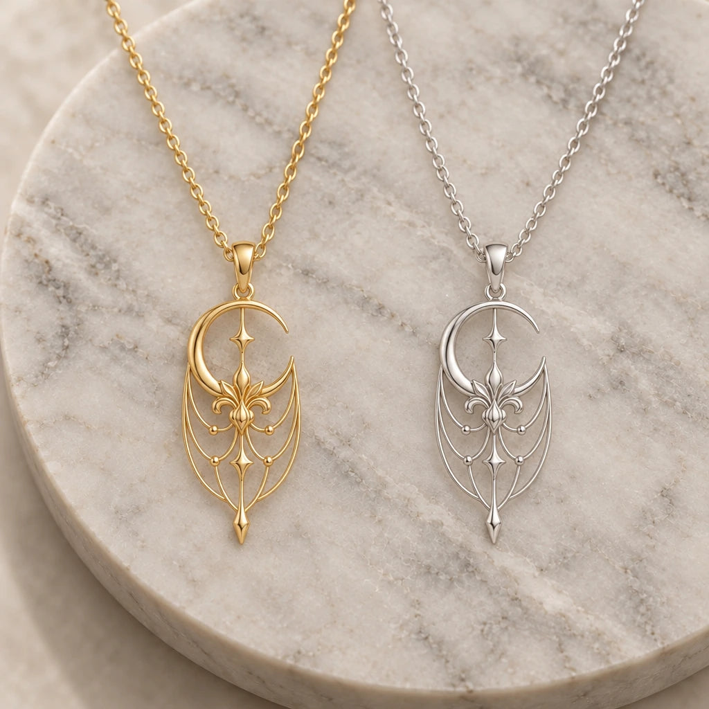 Empress Moonveil pendant necklace in silver and gold finishes side by side