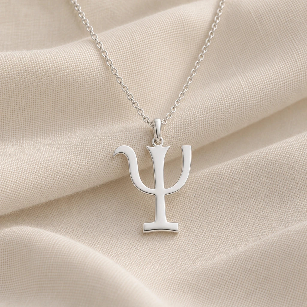 925 sterling silver psyche asteroid symbol pendant necklace on cream fabric