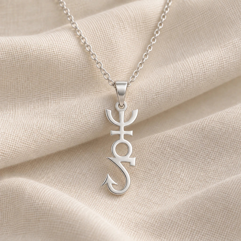 925 sterling silver apophis asteroid symbol pendant necklace on cream fabric