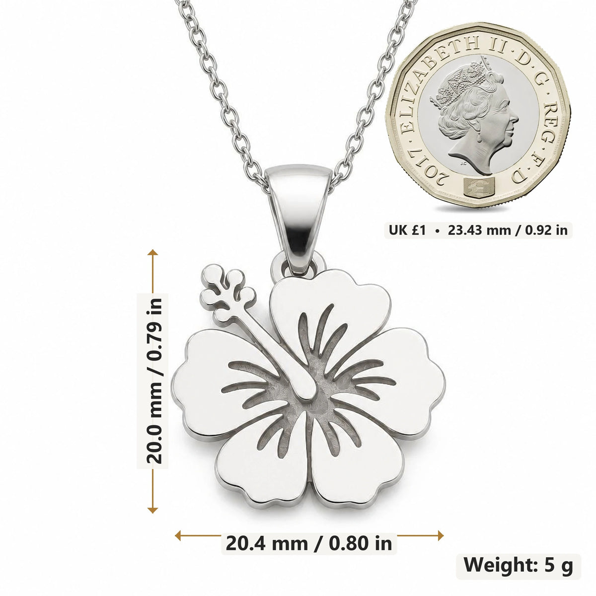 Hibiscus Bloom pendant necklace size image showing 20.0 mm height, 20.4 mm width and 5 g weight