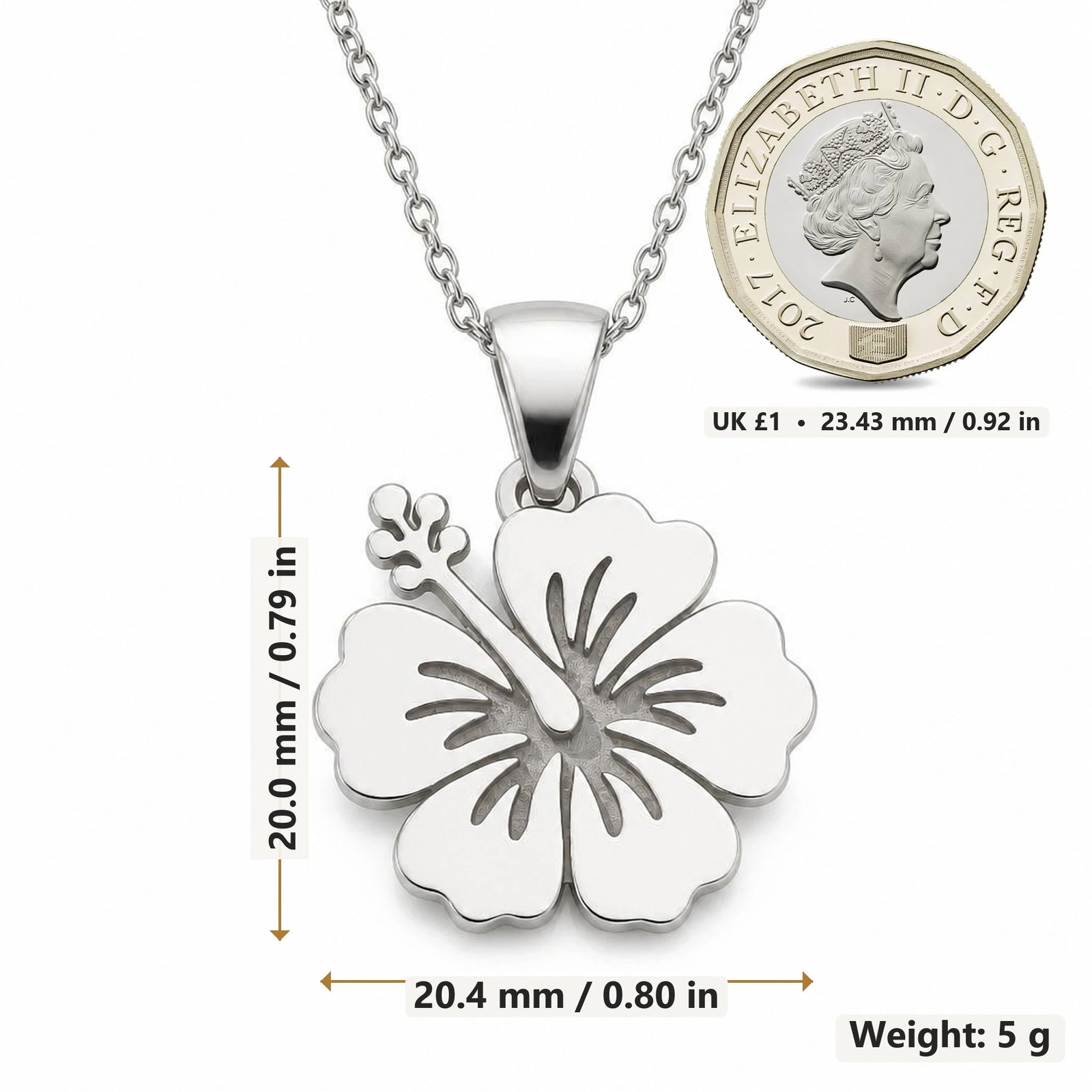Hibiscus Bloom pendant necklace size image showing 20.0 mm height, 20.4 mm width and 5 g weight