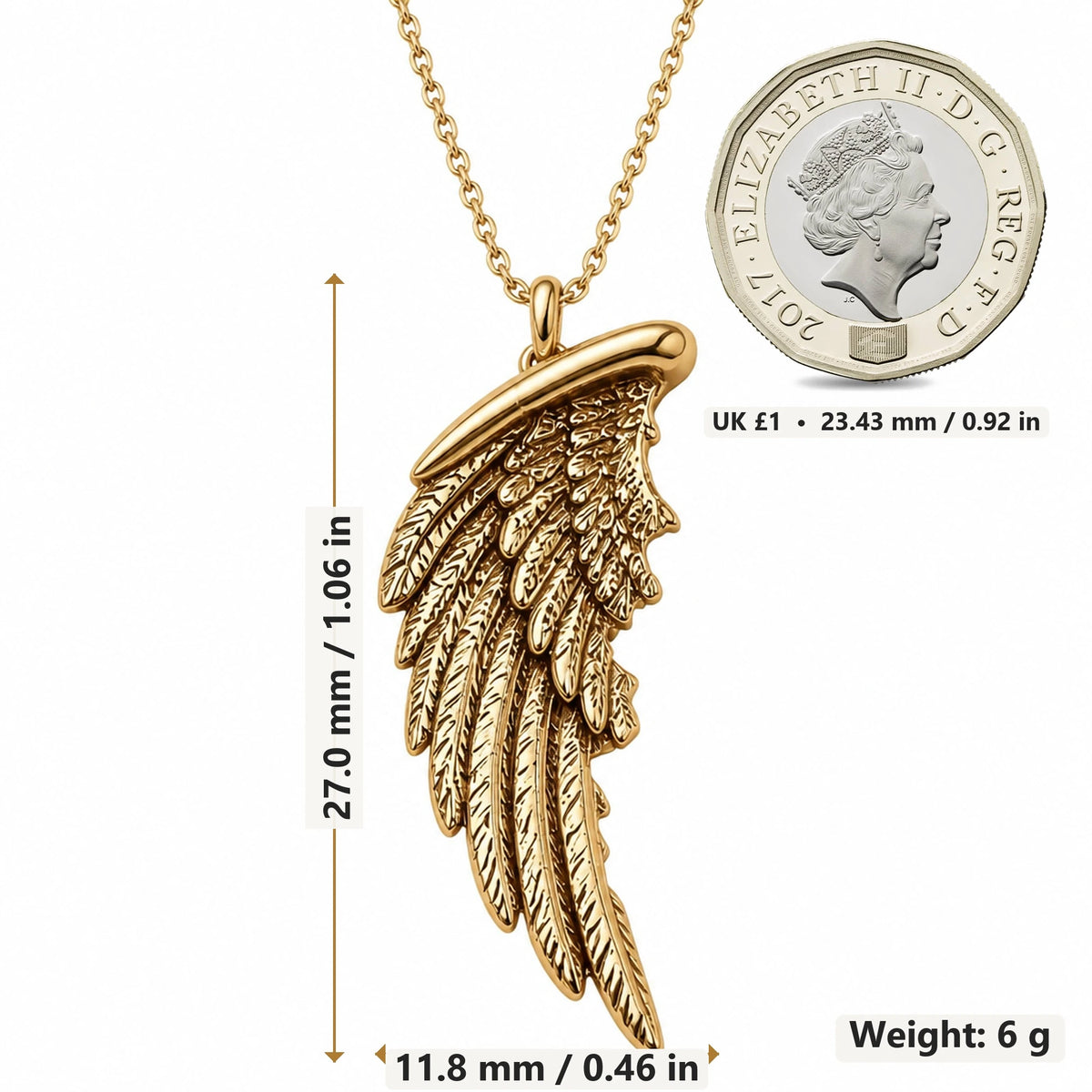 Feathered Wing pendant necklace size image showing 27.0 mm height, 11.8 mm width and 6 g weight