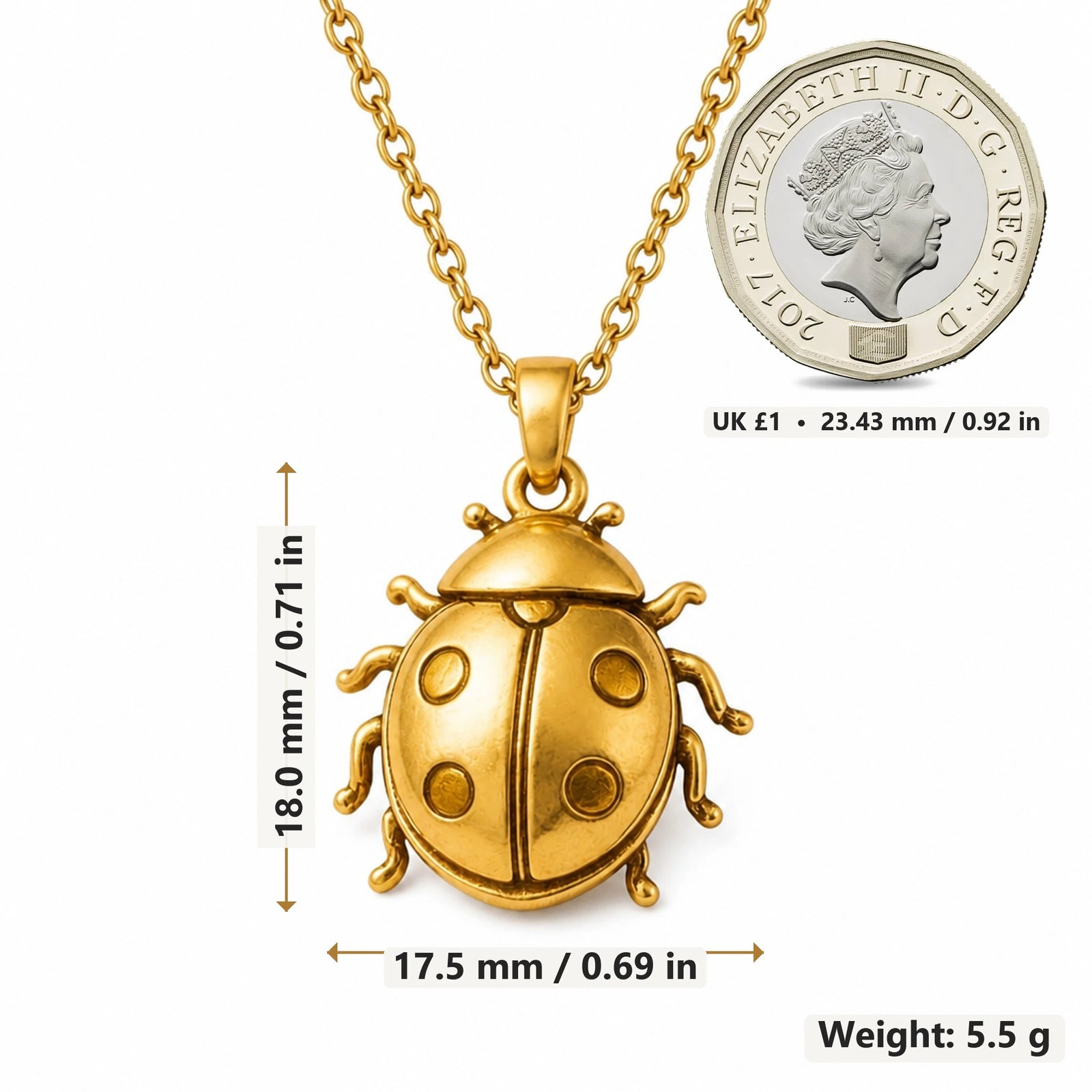 Ladybird pendant necklace size image showing 18.0 mm height, 17.5 mm width and 5.5 g weight