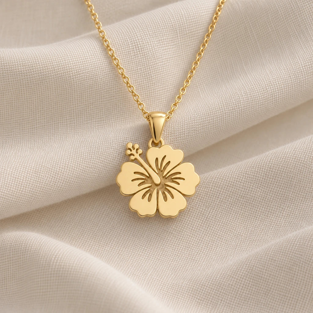 Hibiscus Bloom pendant necklace in an 18k gold plated finish