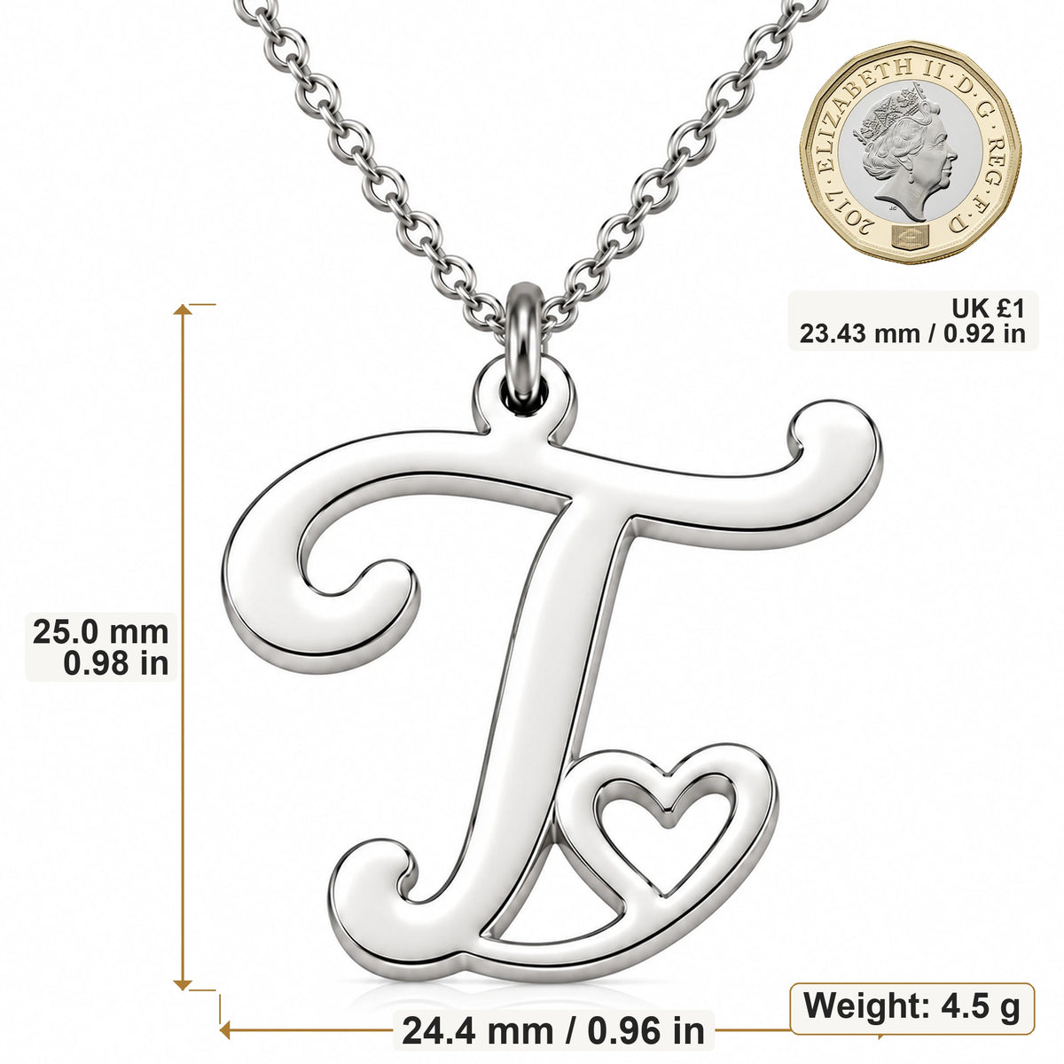 T Initial Heart pendant necklace size image showing 25 mm height and 24.4 mm width and 4.5 g weight