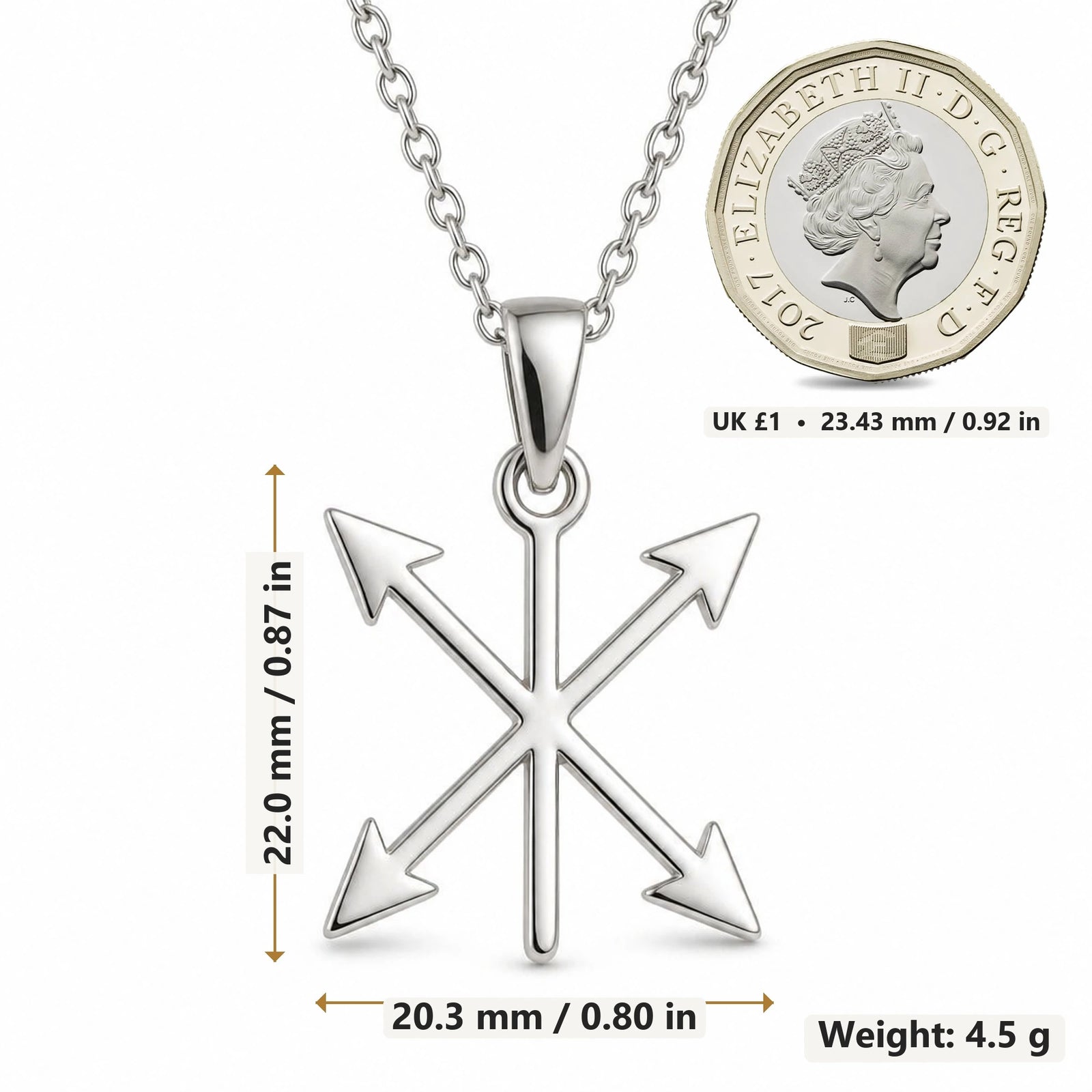 Three Crossed Arrows pendant necklace size image showing 22.0 mm height, 20.3 mm width and 4.5 g weight