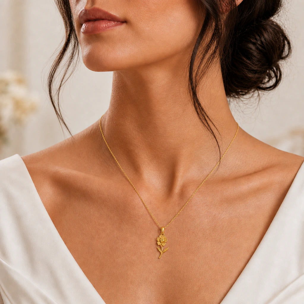 Snapdragon flower pendant necklace worn, close-up