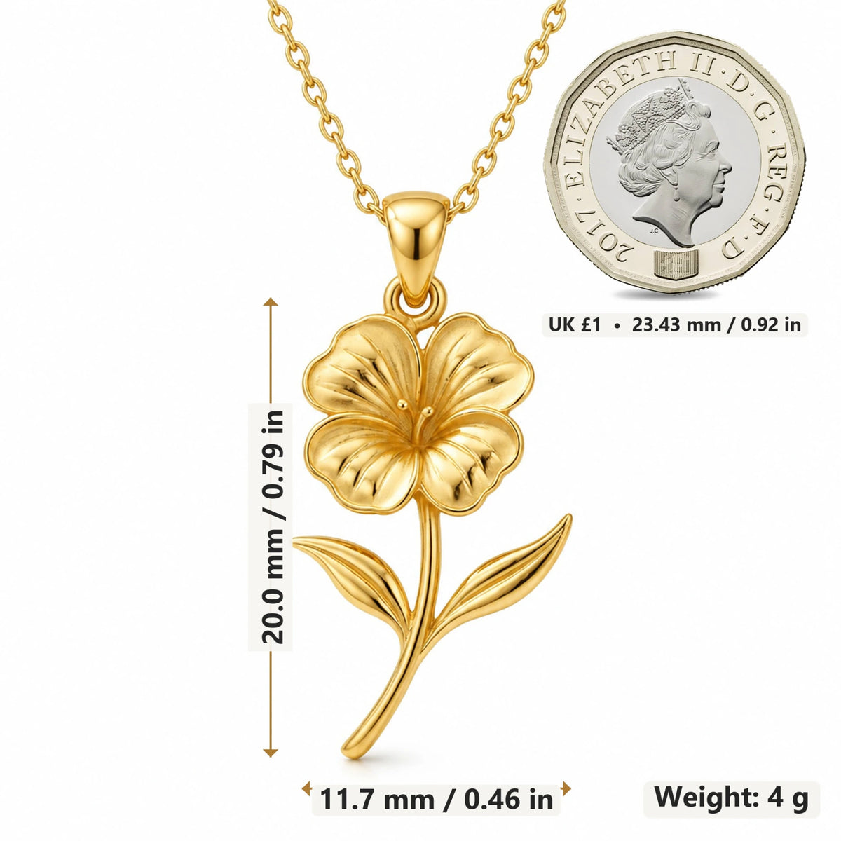 Nasturtium Flower pendant necklace size image showing 20 mm height and 11.7 mm width and 4 g weight