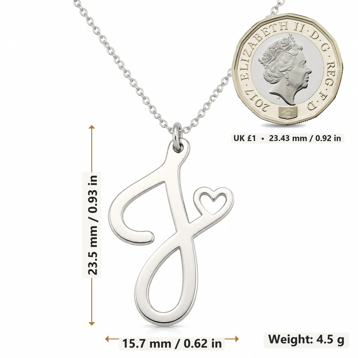 J Initial Heart pendant necklace size image showing 23.5 mm height and 15.7 mm width and 4.5 g weight