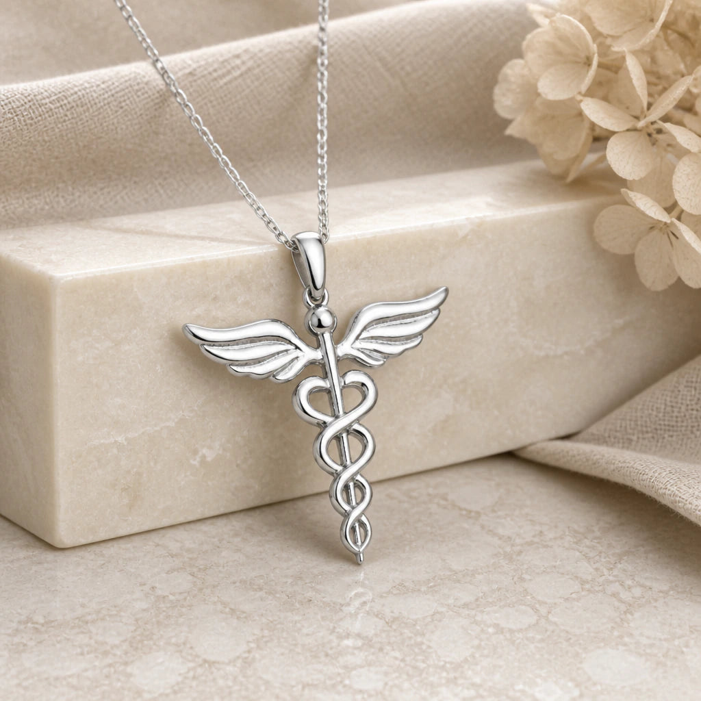 925 sterling silver winged caduceus pendant necklace on softly folded cream linen