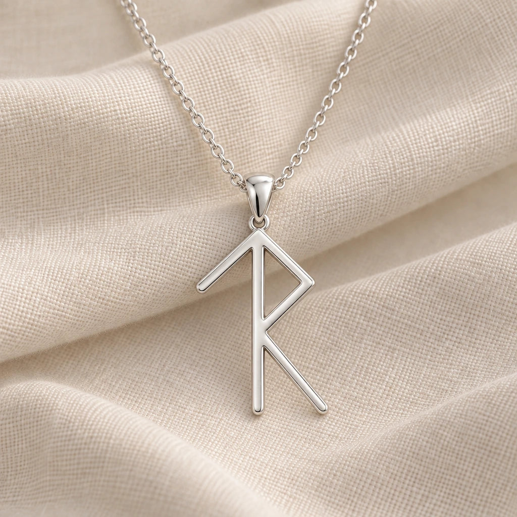925 sterling silver viking success raido bind rune pendant necklace on cream fabric