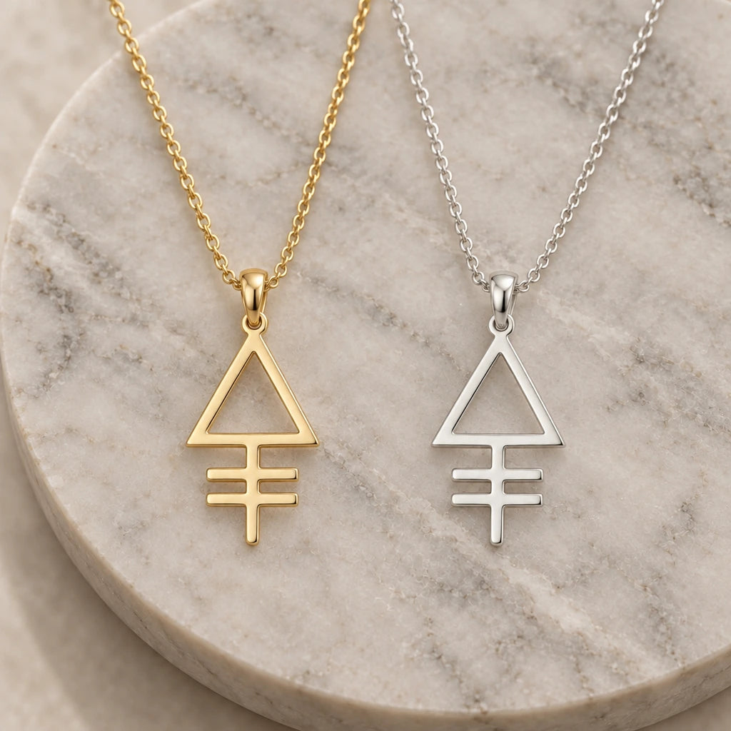 Phosphorus Alchemy Symbol pendant necklace in silver and gold finishes side by side