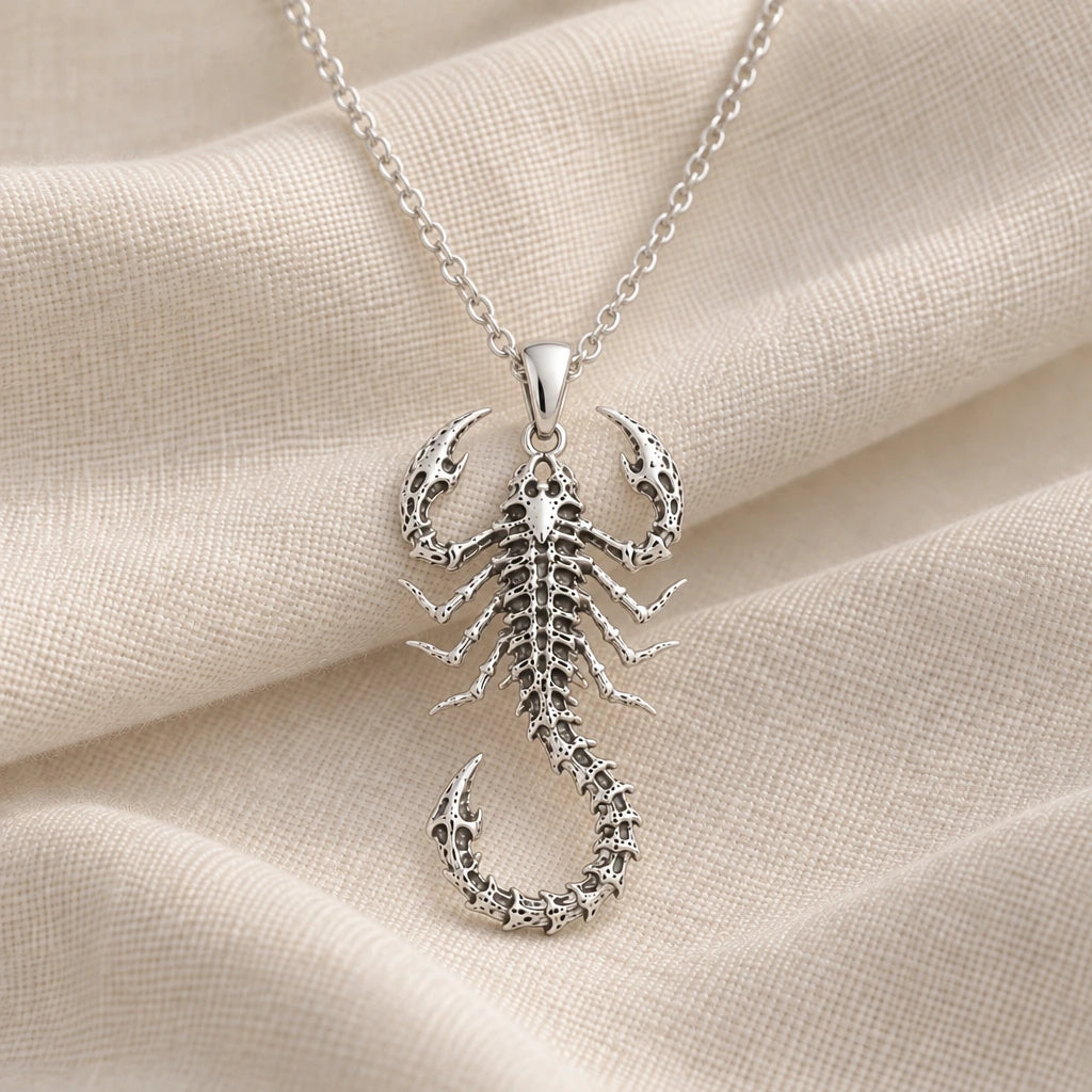 925 sterling silver fossil scorpion spine pendant necklace on cream fabric