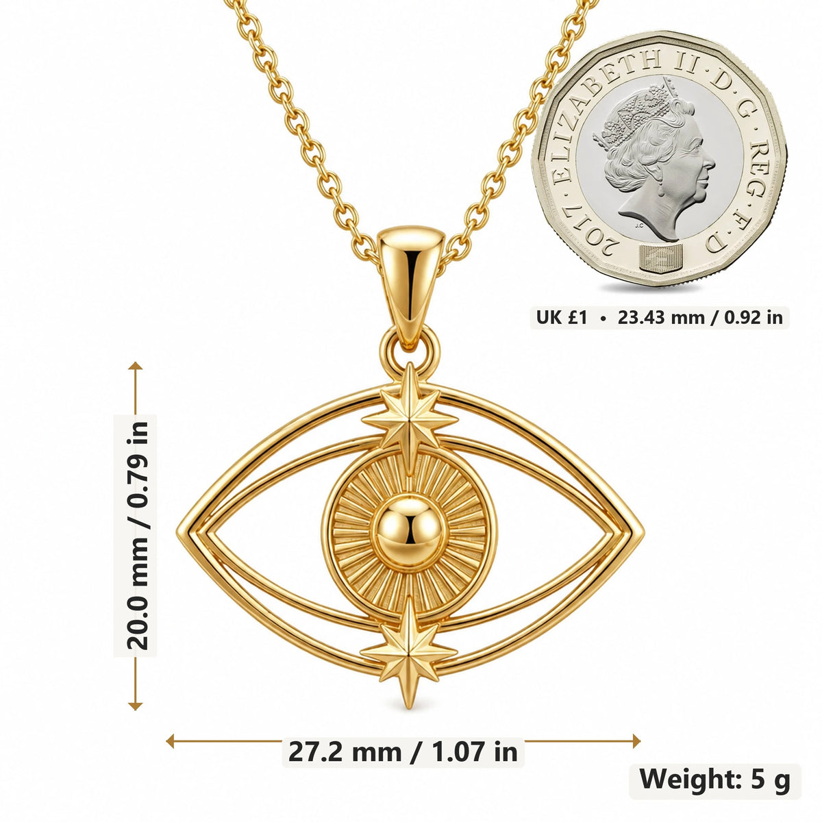 Evil Eye Luxe pendant necklace size image showing 20.0 mm height, 27.2 mm width and 5 g weight