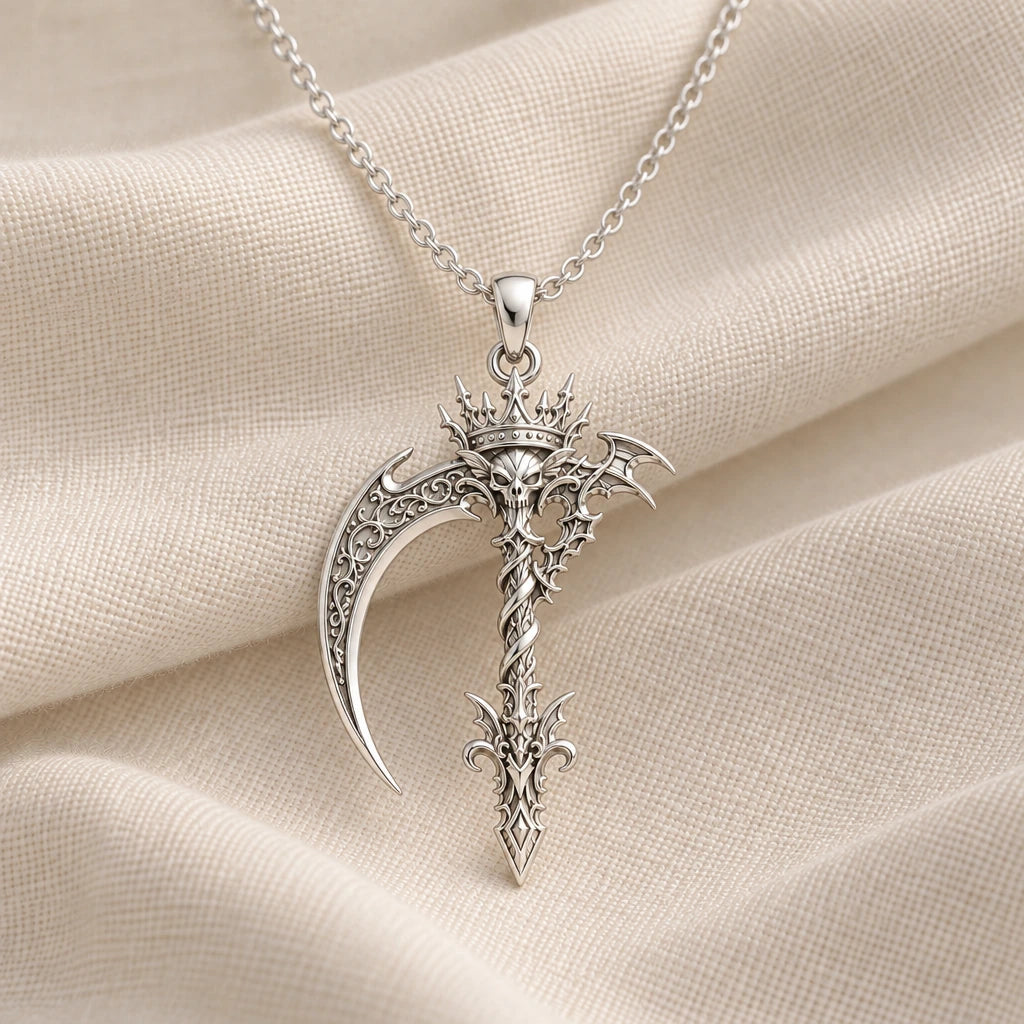 925 sterling silver royal scythe pendant necklace on cream fabric