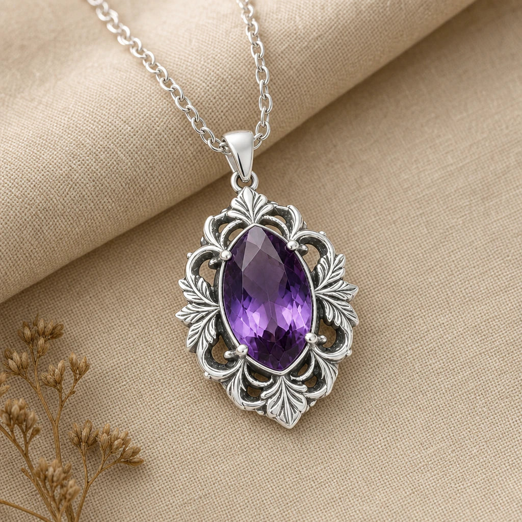 Baroque Acanthus Frame Birthstone Pendant Necklace in sterling silver