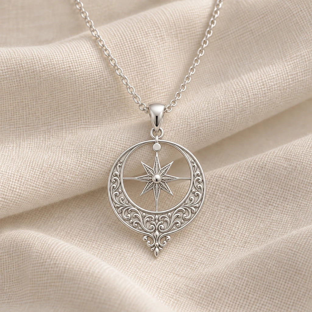 925 sterling silver ottoman crescent star pendant necklace on cream fabric