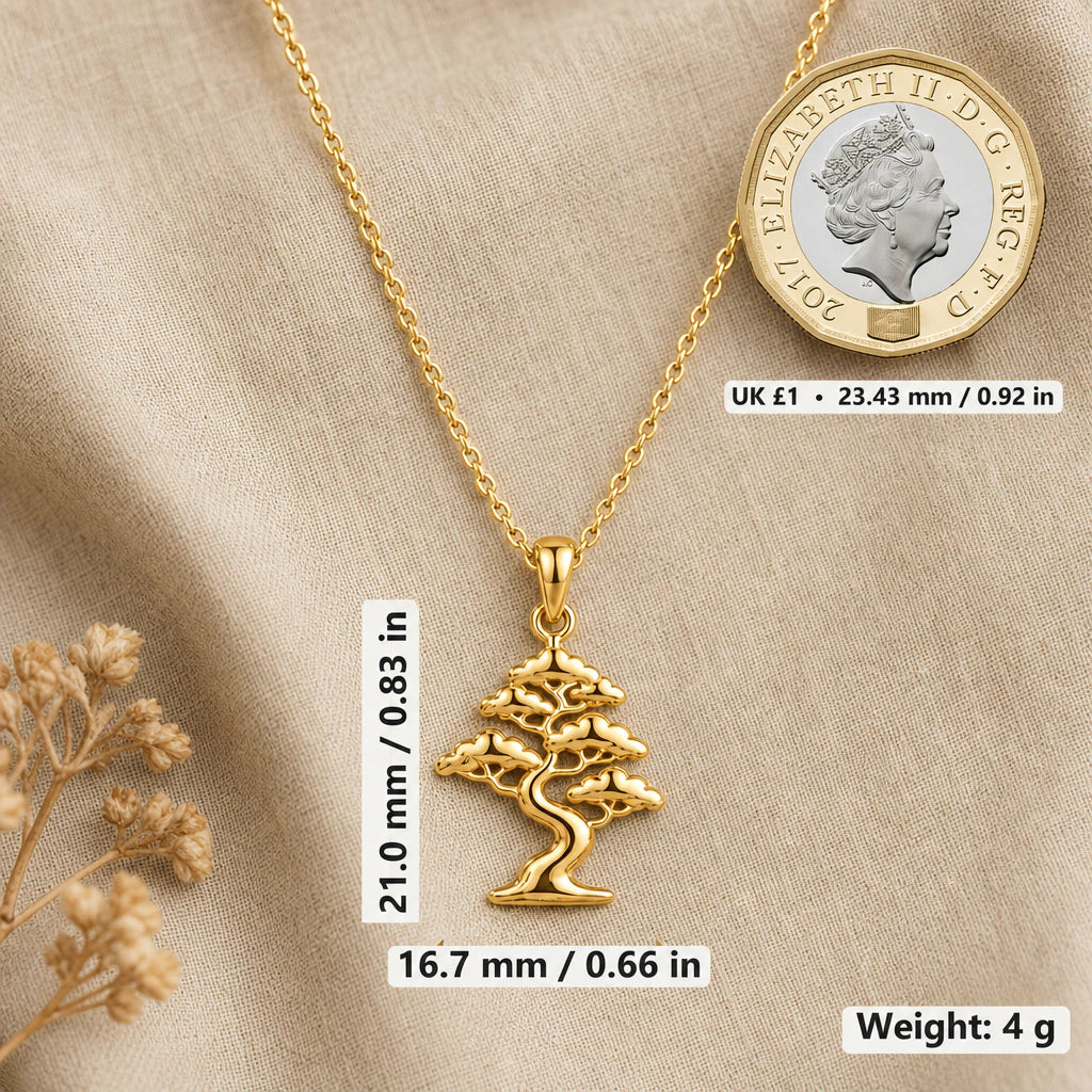 Pine Crest Bonsai Tree Pendant Necklace size guide, 21 by 16.7 mm