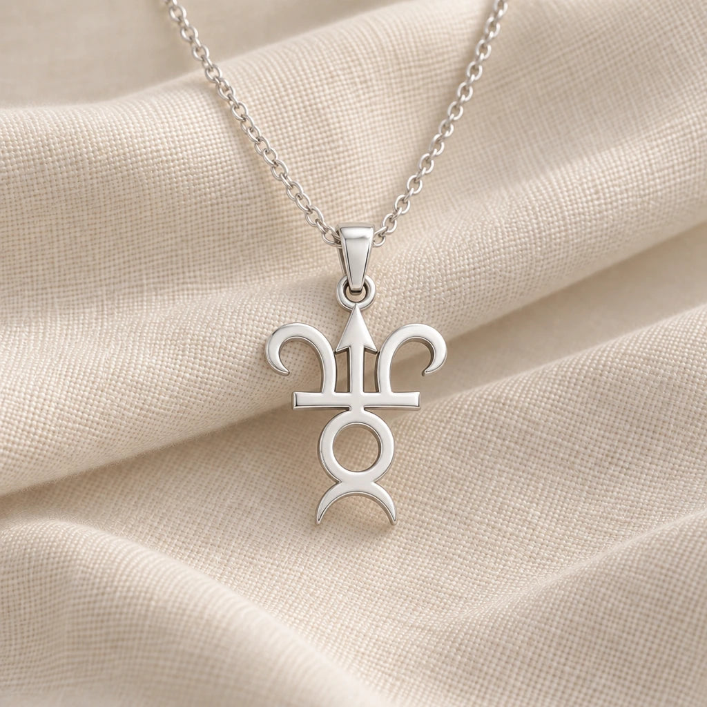 925 sterling silver varuna asteroid symbol pendant necklace on cream fabric