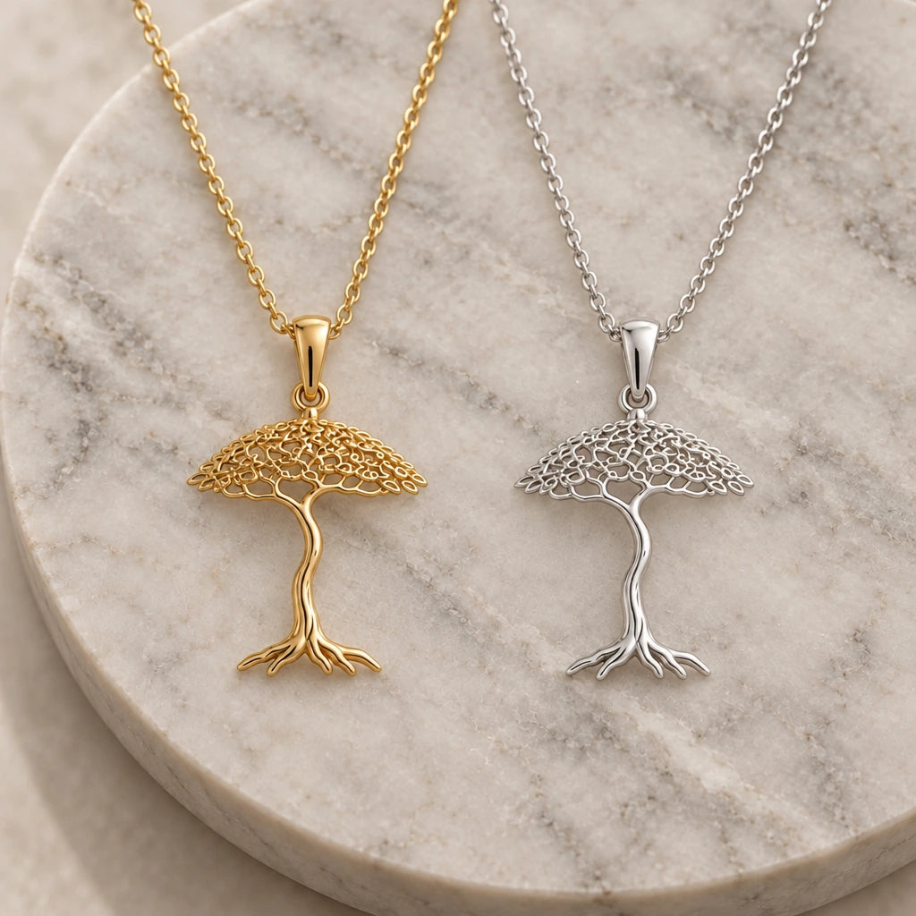 Aspen Whisper Bonsai pendant necklace in silver and gold finishes side by side
