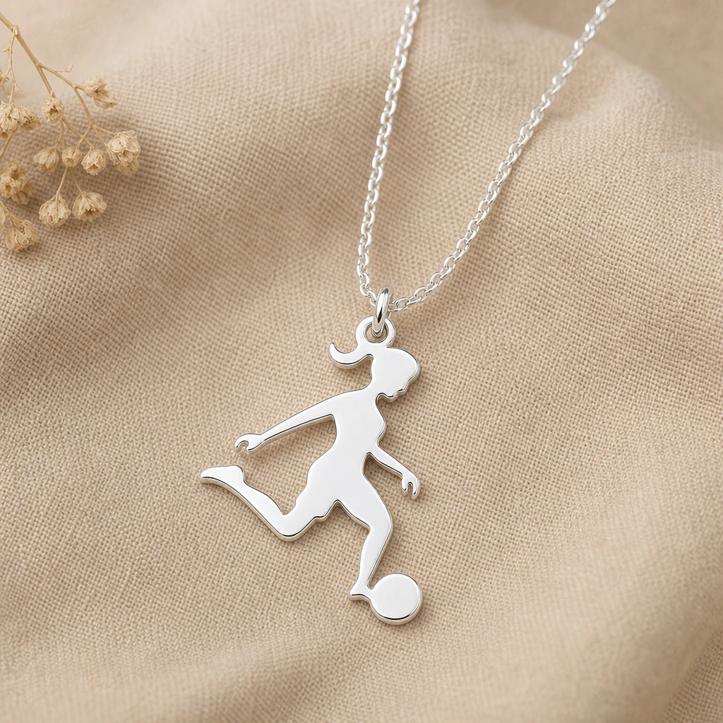 Girls Football Player Pendant Necklace in sterling silver, second view