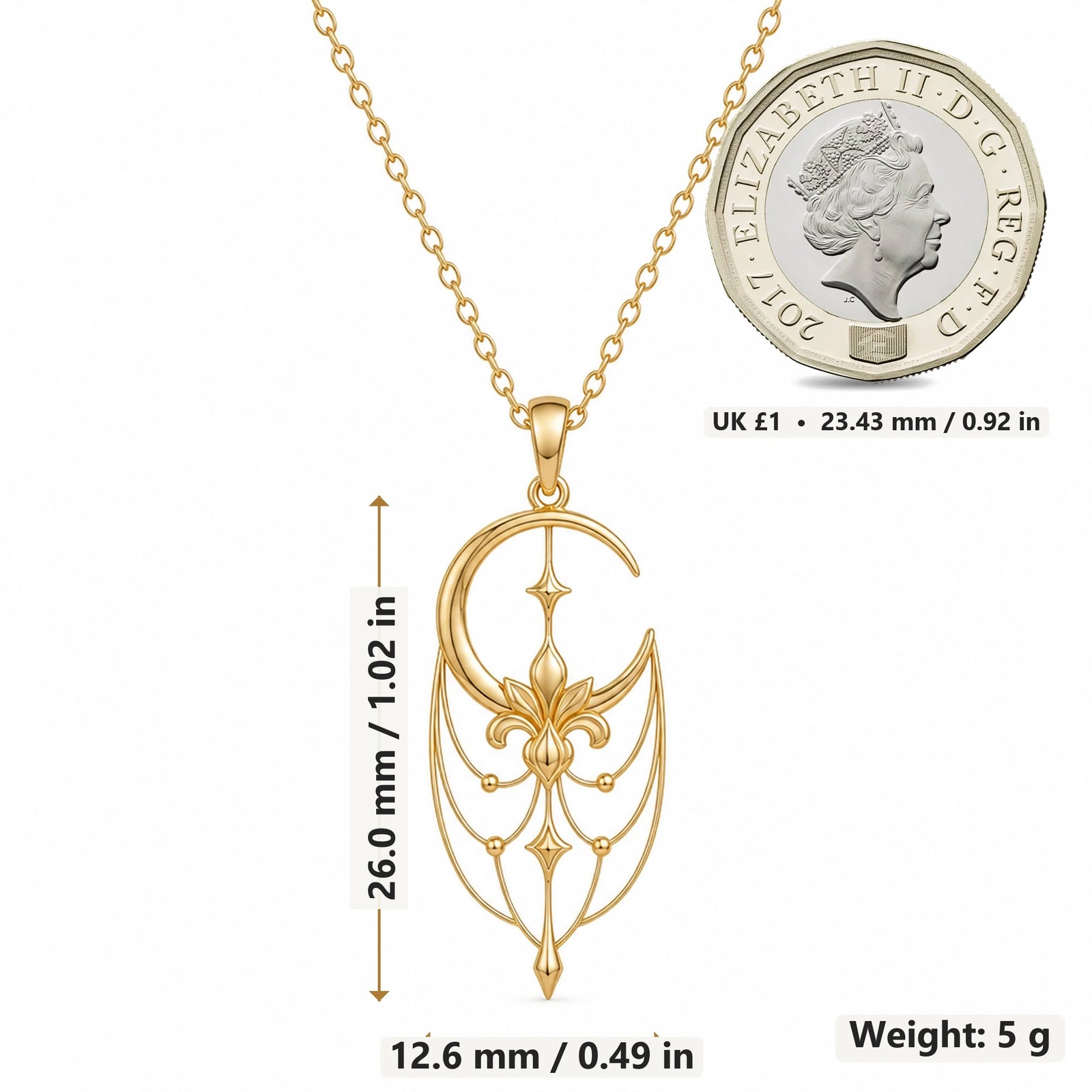 Empress Moonveil pendant necklace size image showing 26.0 mm height, 12.6 mm width and 5 g weight