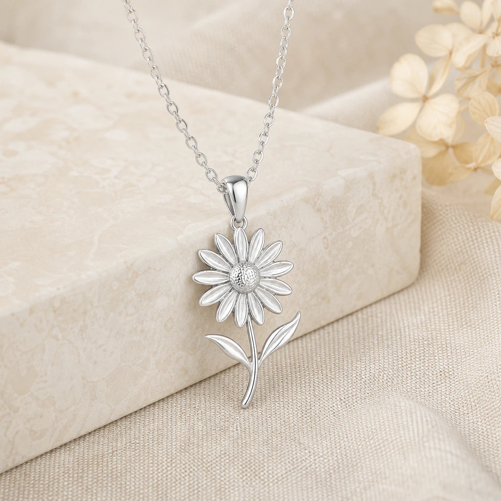 925 sterling silver black eyed susan flower pendant necklace on softly folded cream linen