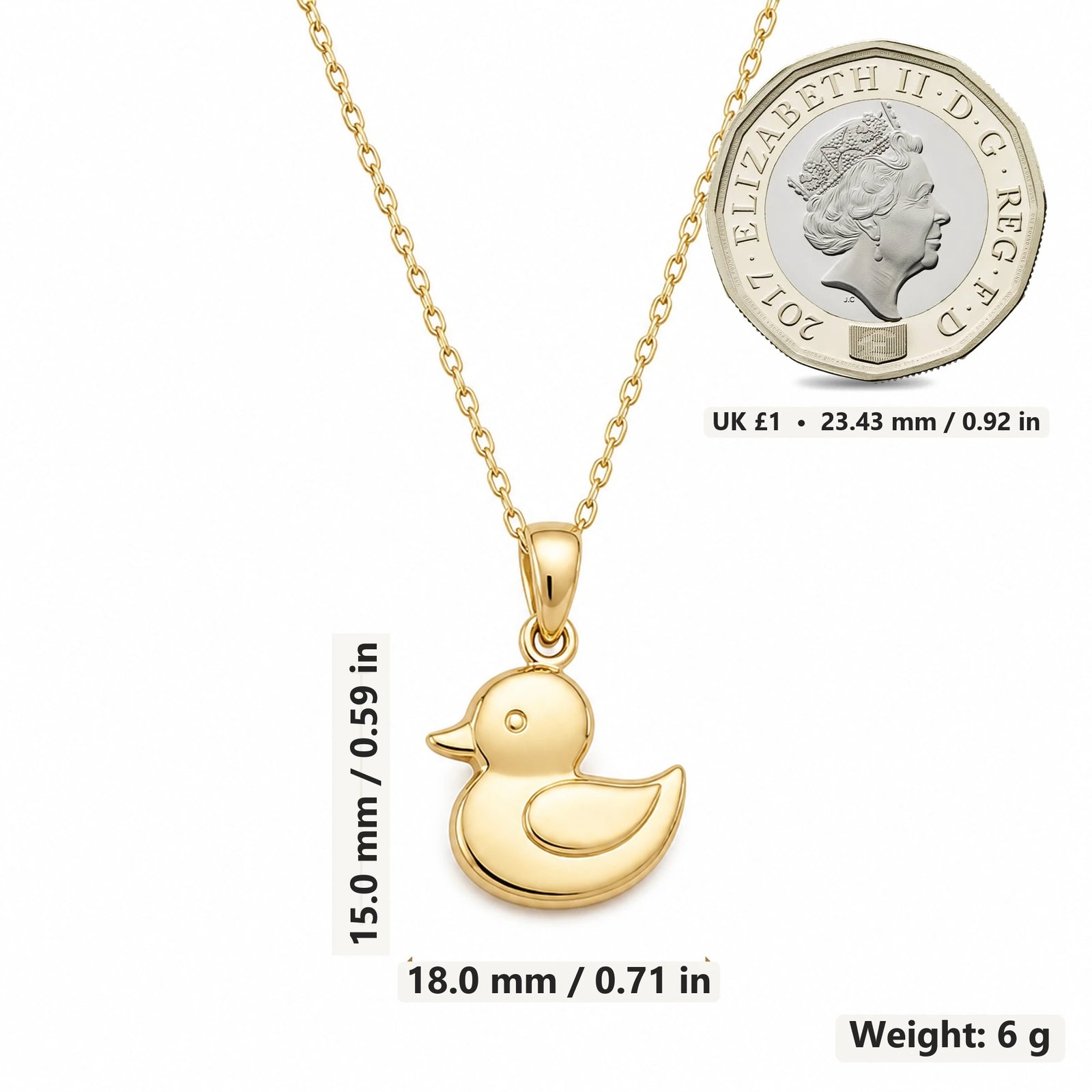 Rubber Duck pendant necklace size image showing 15.0 mm height, 18.0 mm width and 6 g weight