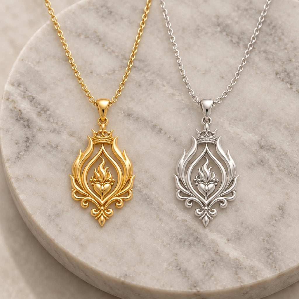 Regal Flame Sacred Heart pendant necklace in silver and gold finishes side by side