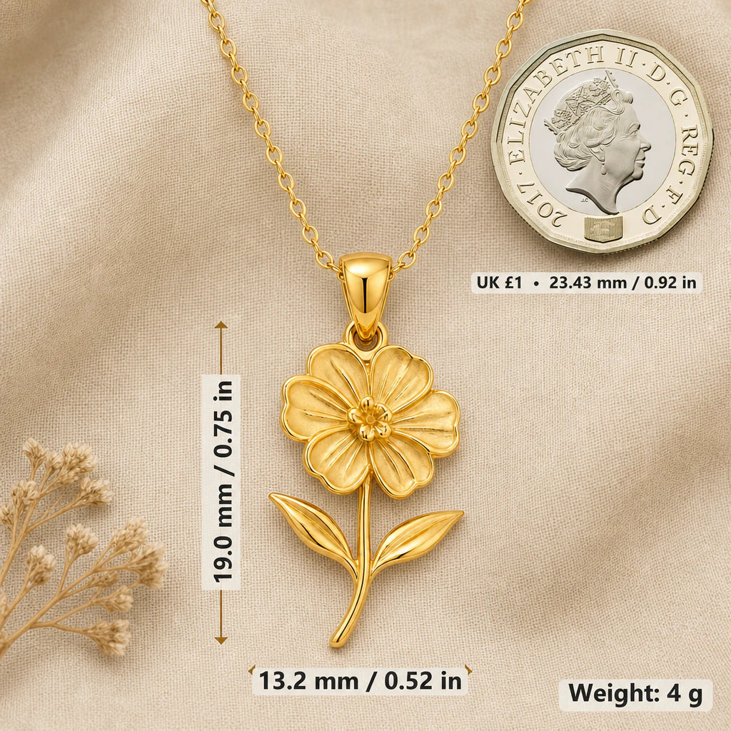 Geranium necklace size image showing 19 mm height, 13.2 mm width and 4 g weight beside a UK pound coin