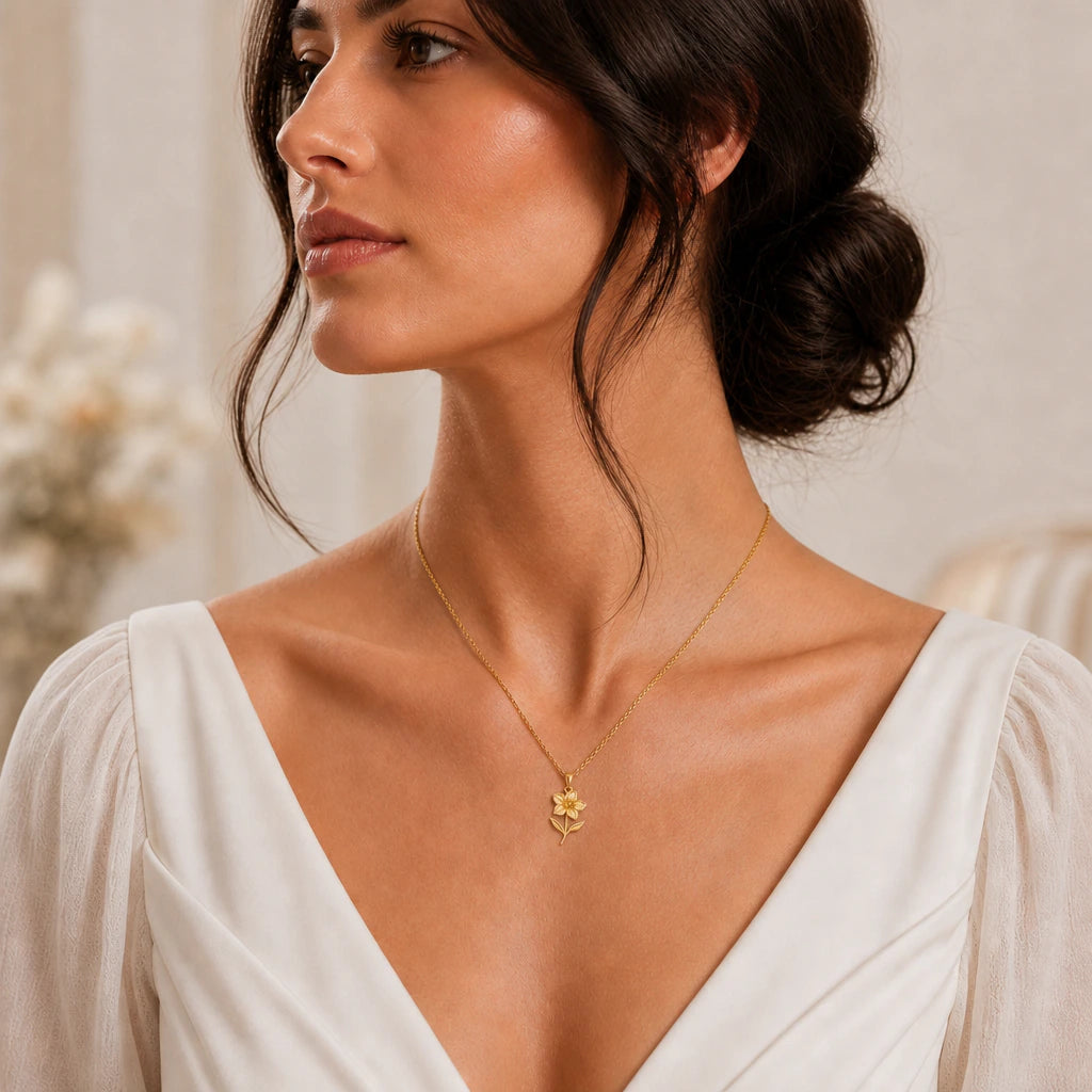 Azalea flower pendant necklace worn by a model