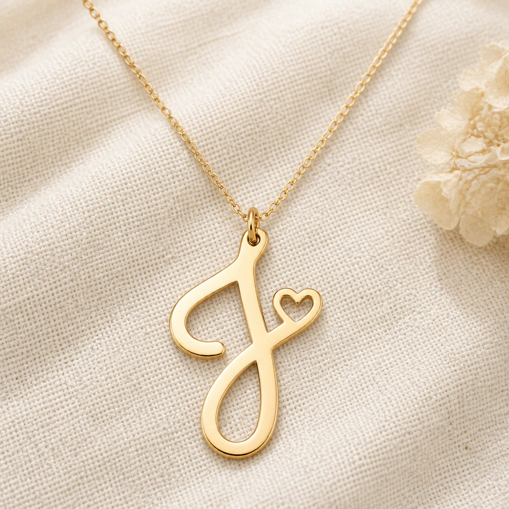 J Initial Heart pendant necklace in a warm gold finish on cream fabric