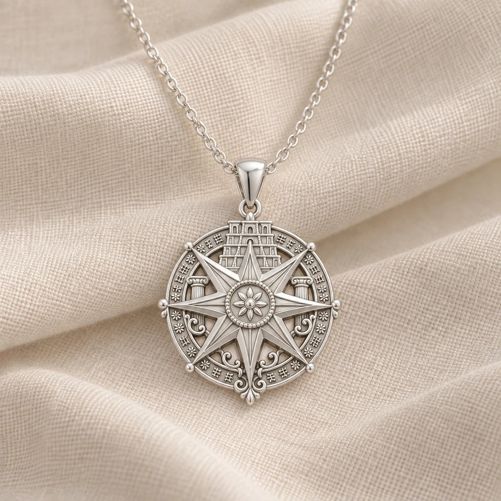 925 sterling silver babylon star medallion pendant necklace on cream fabric