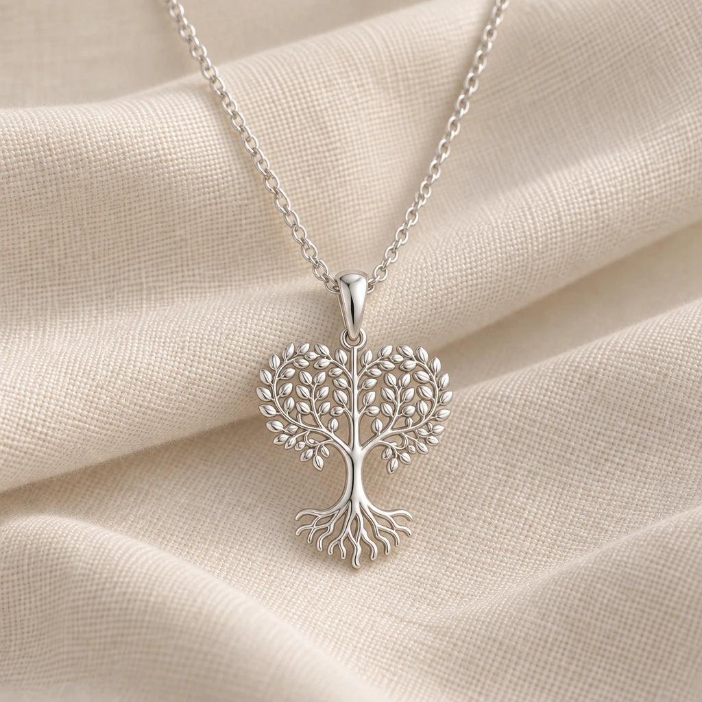 925 sterling silver acacia heart tree of life pendant necklace on cream fabric