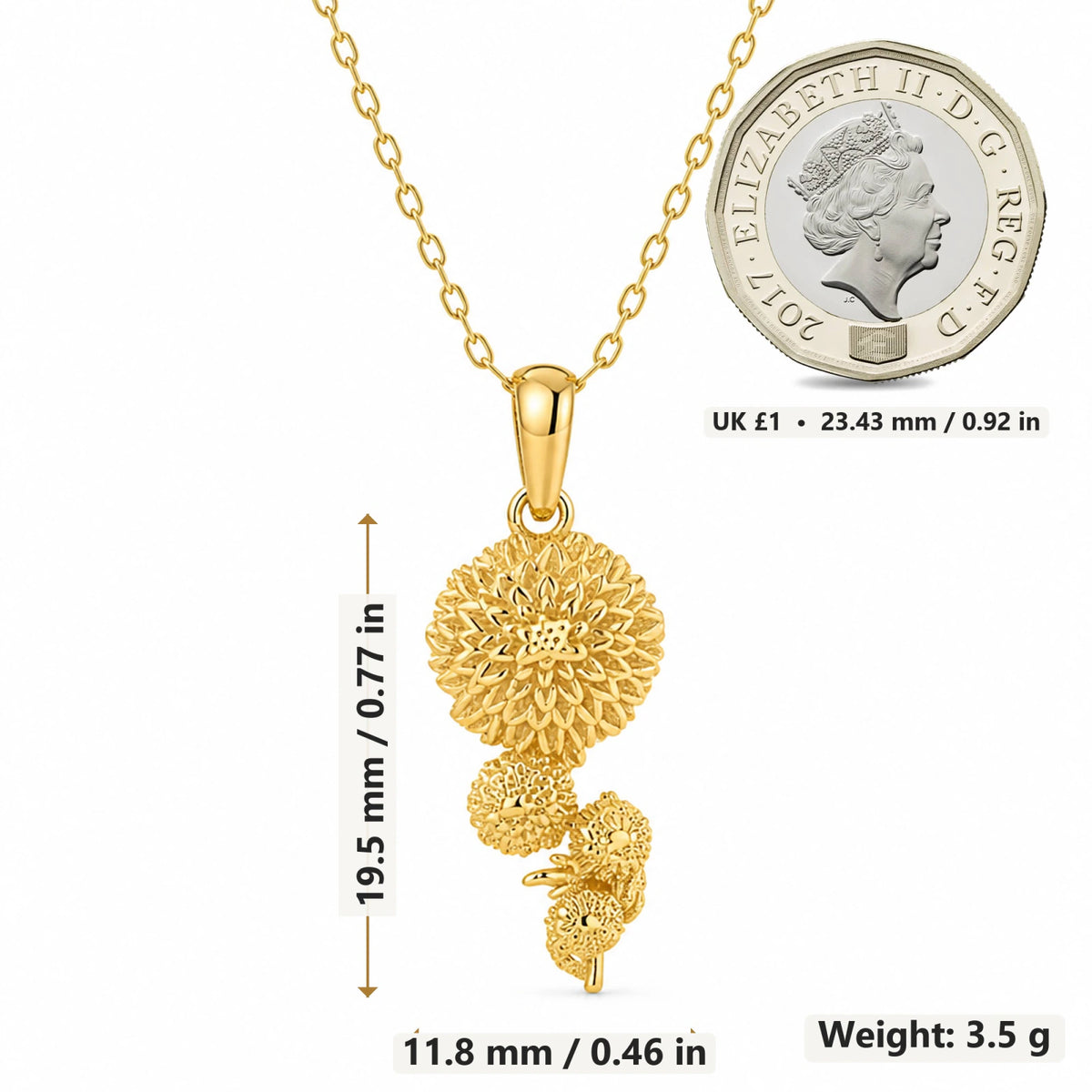 Chrysanthemum Flower pendant necklace size image showing 19.5 mm height and 11.8 mm width and 3.5 g weight