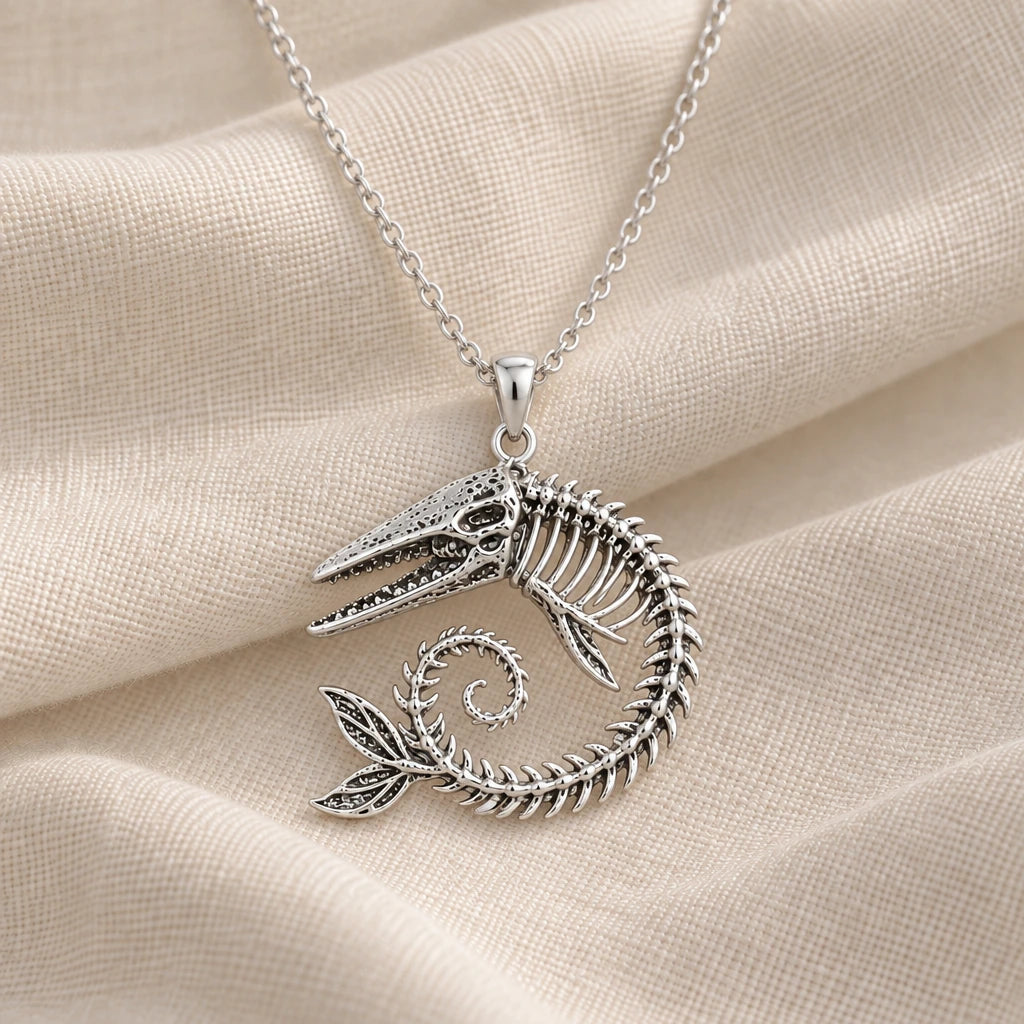 925 sterling silver ancient whale fossil skeleton pendant necklace on cream fabric