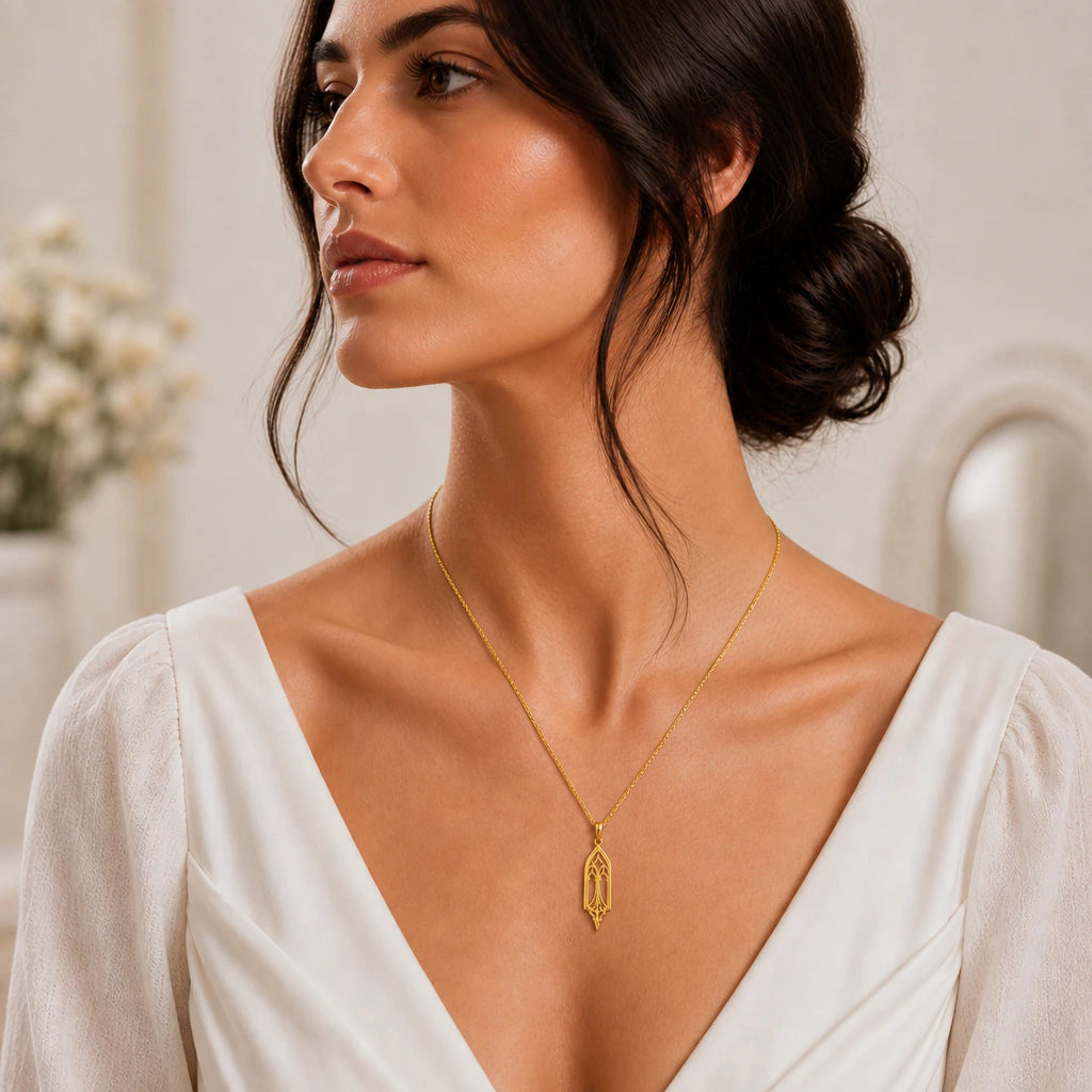 Silent cathedral window pendant necklace worn by a model