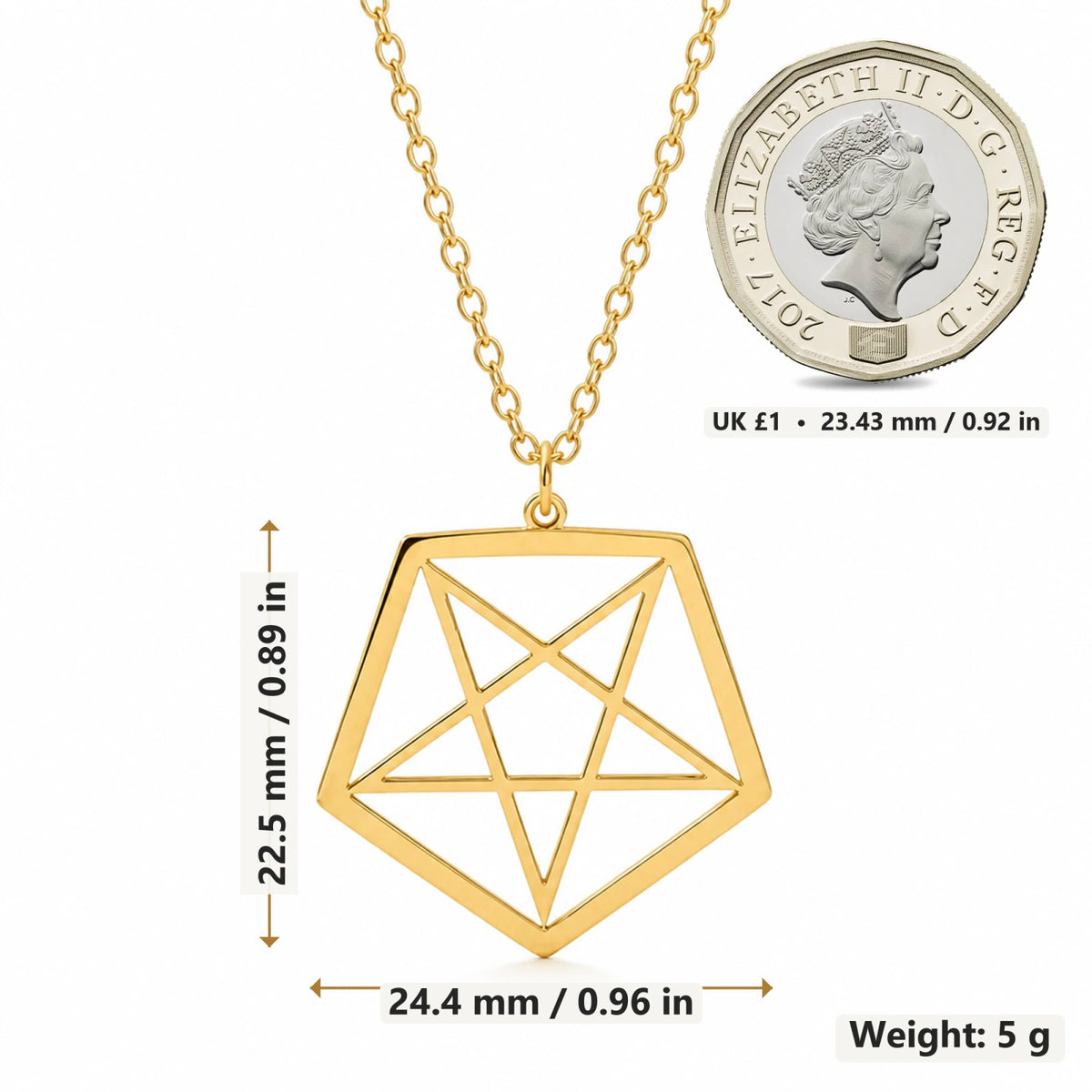 Inverted Pentagram pendant necklace size image showing 22.5 mm height and 24.4 mm width and 5 g weight