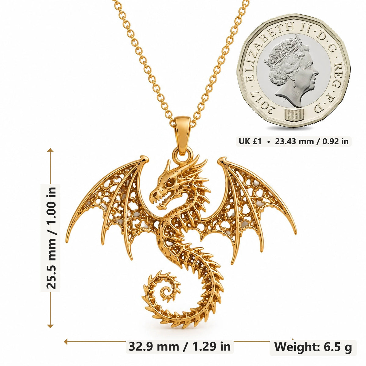 Ancient Dragon Fossil pendant necklace size image showing 25.5 mm height, 32.9 mm width and 6.5 g weight