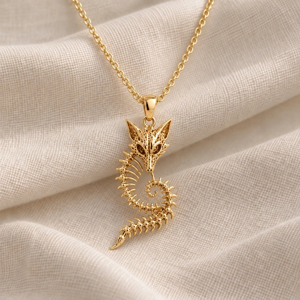 Sacred Fox Skeleton Crest pendant necklace in an 18k gold plated finish