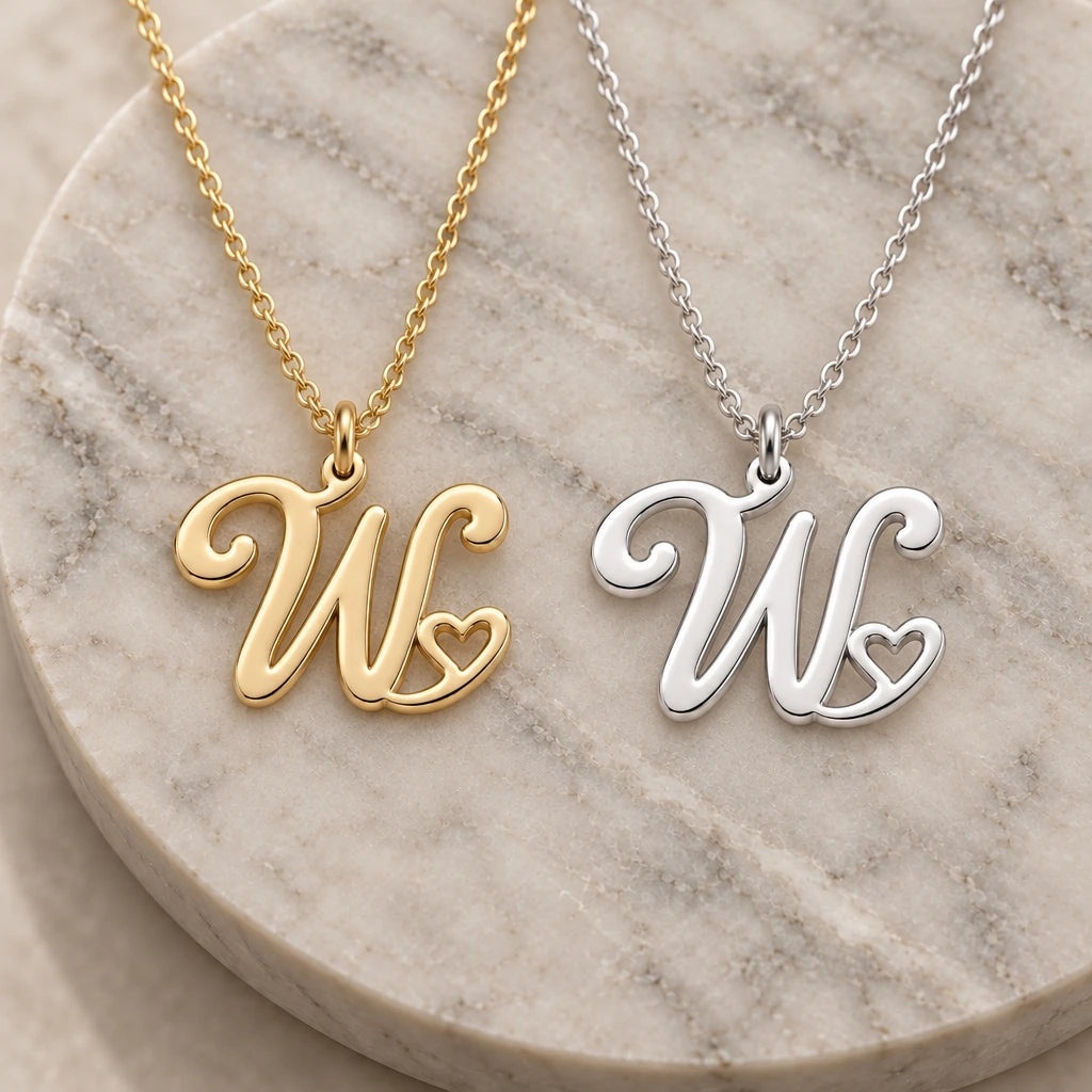 Silver and gold w initial heart pendant necklaces side by side on marble