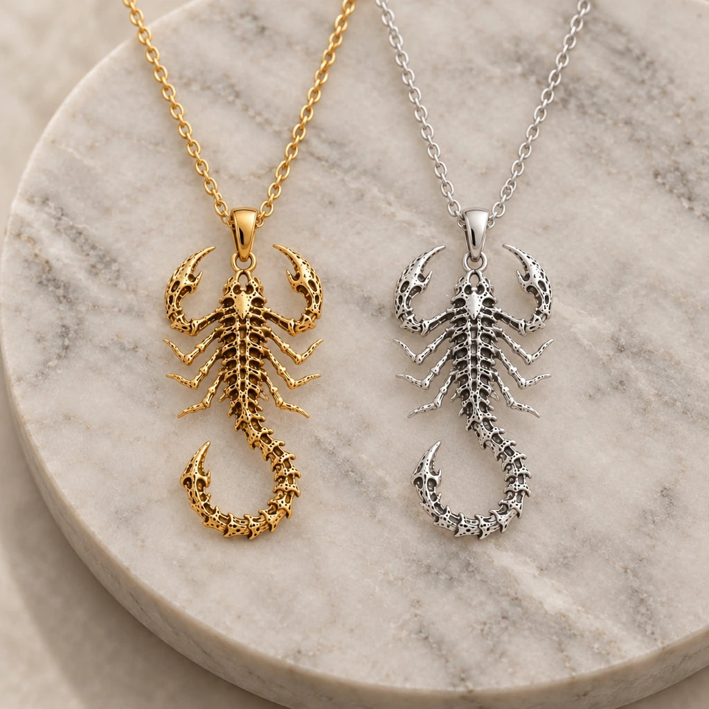 Fossil Scorpion Spine pendant necklace in silver and gold finishes side by side