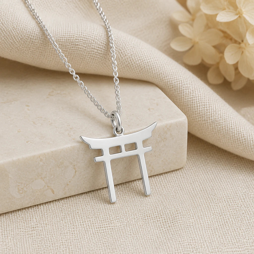 925 sterling silver torii gate pendant necklace on softly folded cream linen