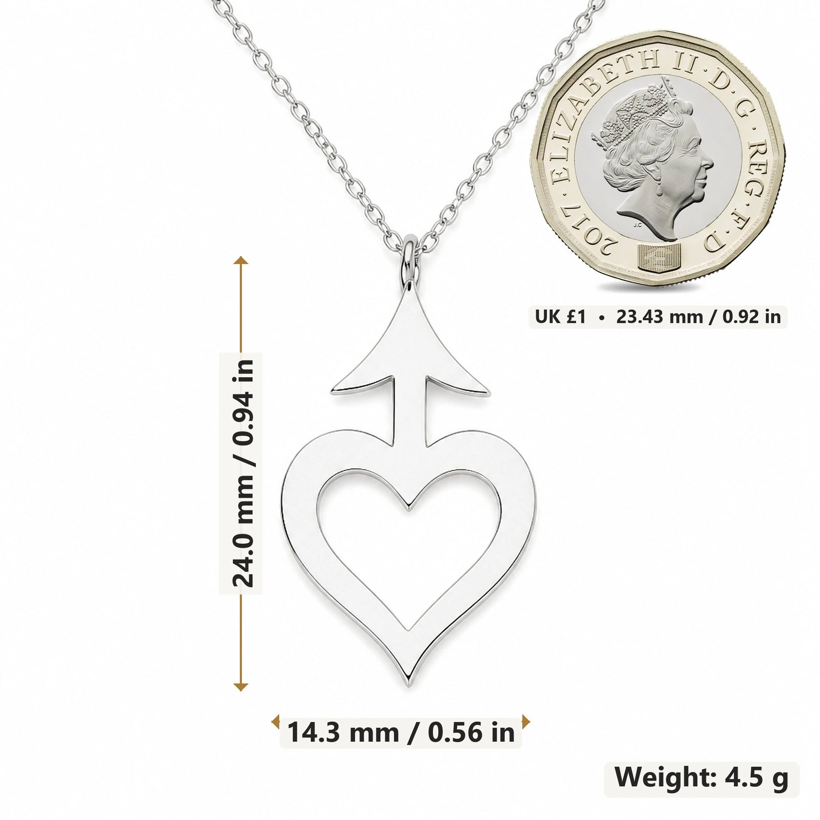 Amor Asteroid Symbol pendant necklace size image showing 24.0 mm height, 14.3 mm width and 4.5 g weight