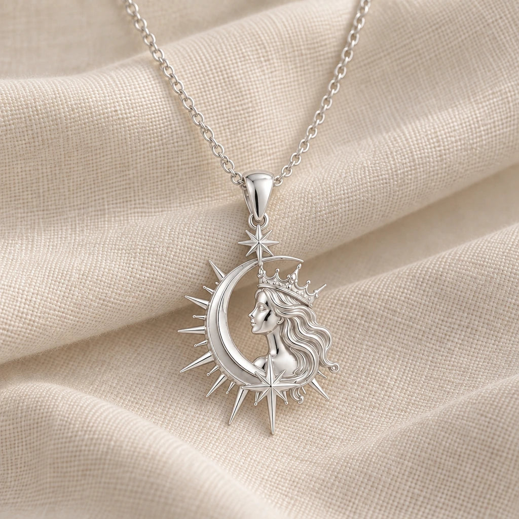 925 sterling silver cosmic queen moon pendant necklace on cream fabric