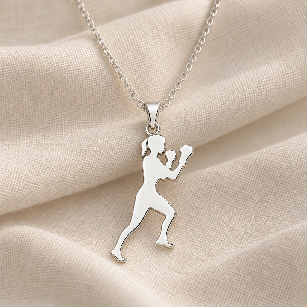 925 sterling silver boxer woman guard pendant necklace on cream fabric
