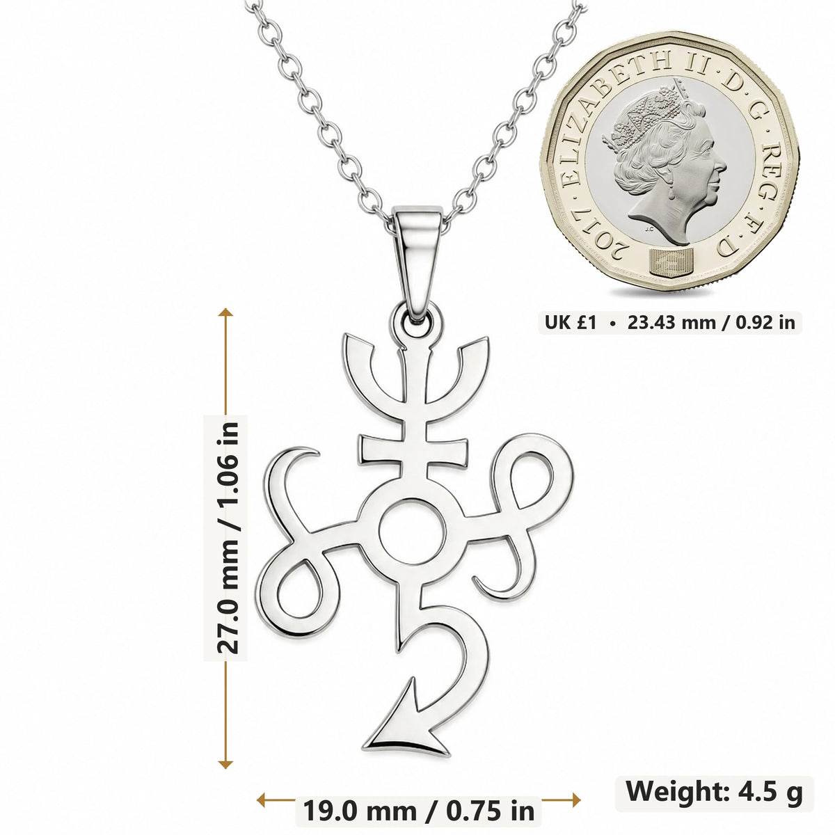 Typhon Asteroid Symbol pendant necklace size image showing 27.0 mm height, 19.0 mm width and 4.5 g weight