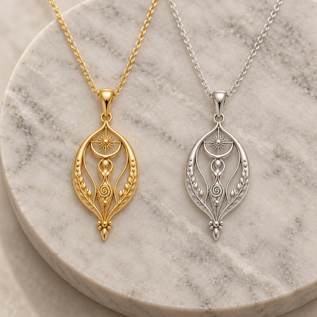 Sacred Womb Goddess pendant necklace in silver and gold finishes side by side