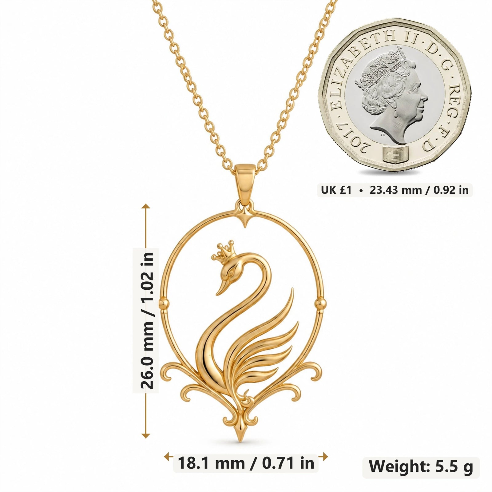 Swan Aura pendant necklace size image showing 26.0 mm height, 18.1 mm width and 5.5 g weight